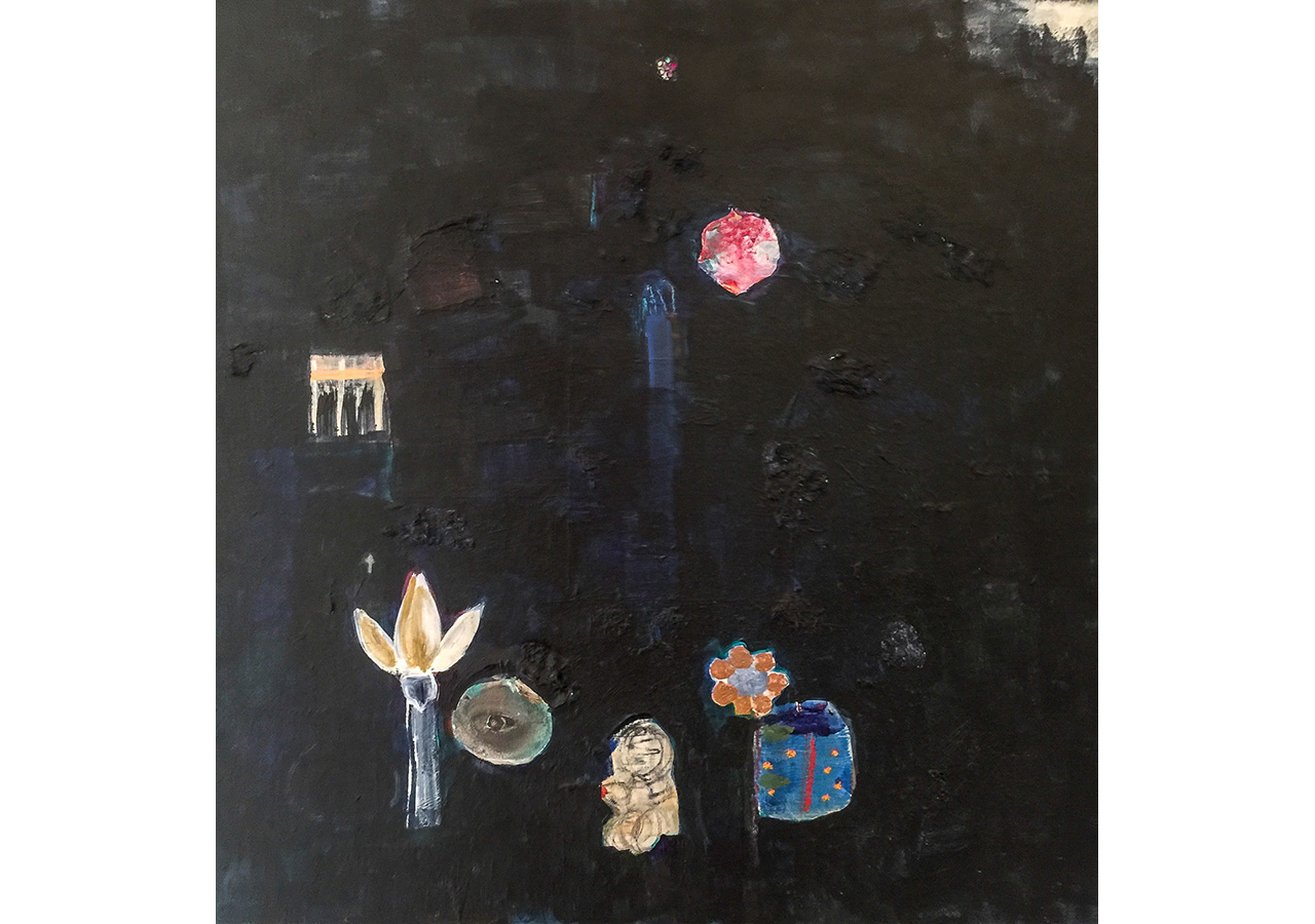 Magic Garden, 2014, acrylic, pencil, paper, found object on canvas, 24 x 24 in.