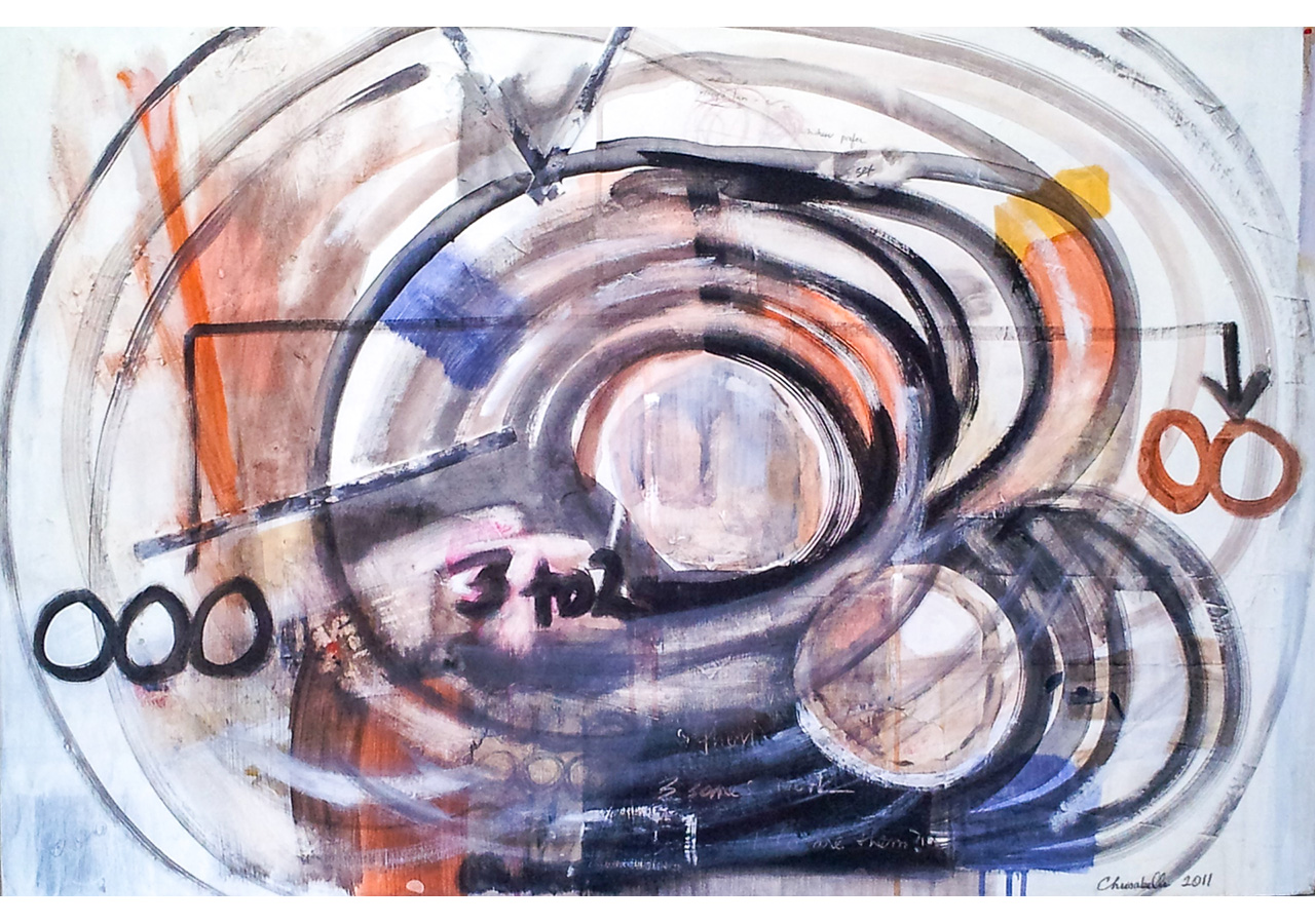 3 to 2, 2009, acrylic, gesso, pastel, pencil, pen, paper on canvas, 24 x 36 in.