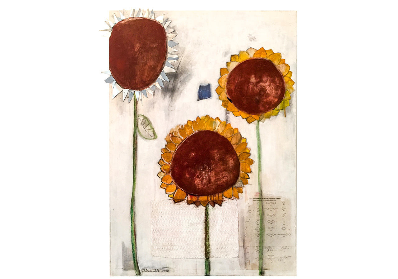 Sunflowers, 2010, acrylic, gesso, pencil, organic chemistry book page, fabric, tin on canvas, 36 x 24 in.