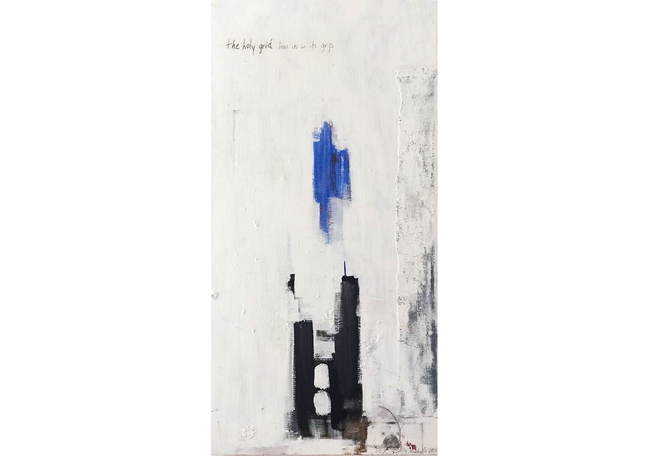 The Grid, Manhattan, acrylic, graphite, fabric on canvas, 48 x 24 in.