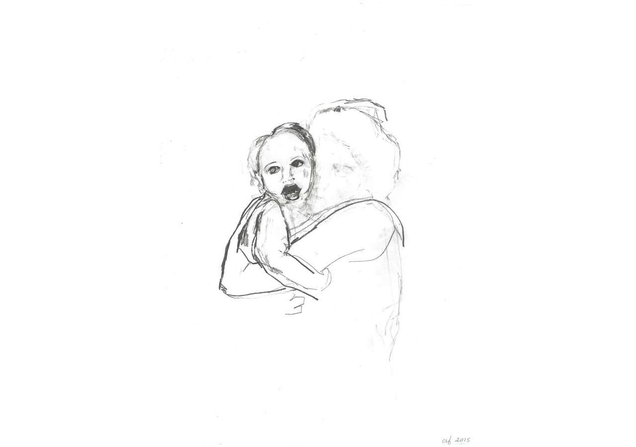 Child and mother 1960, 2015, pencil on paper, 14 x 17 in.