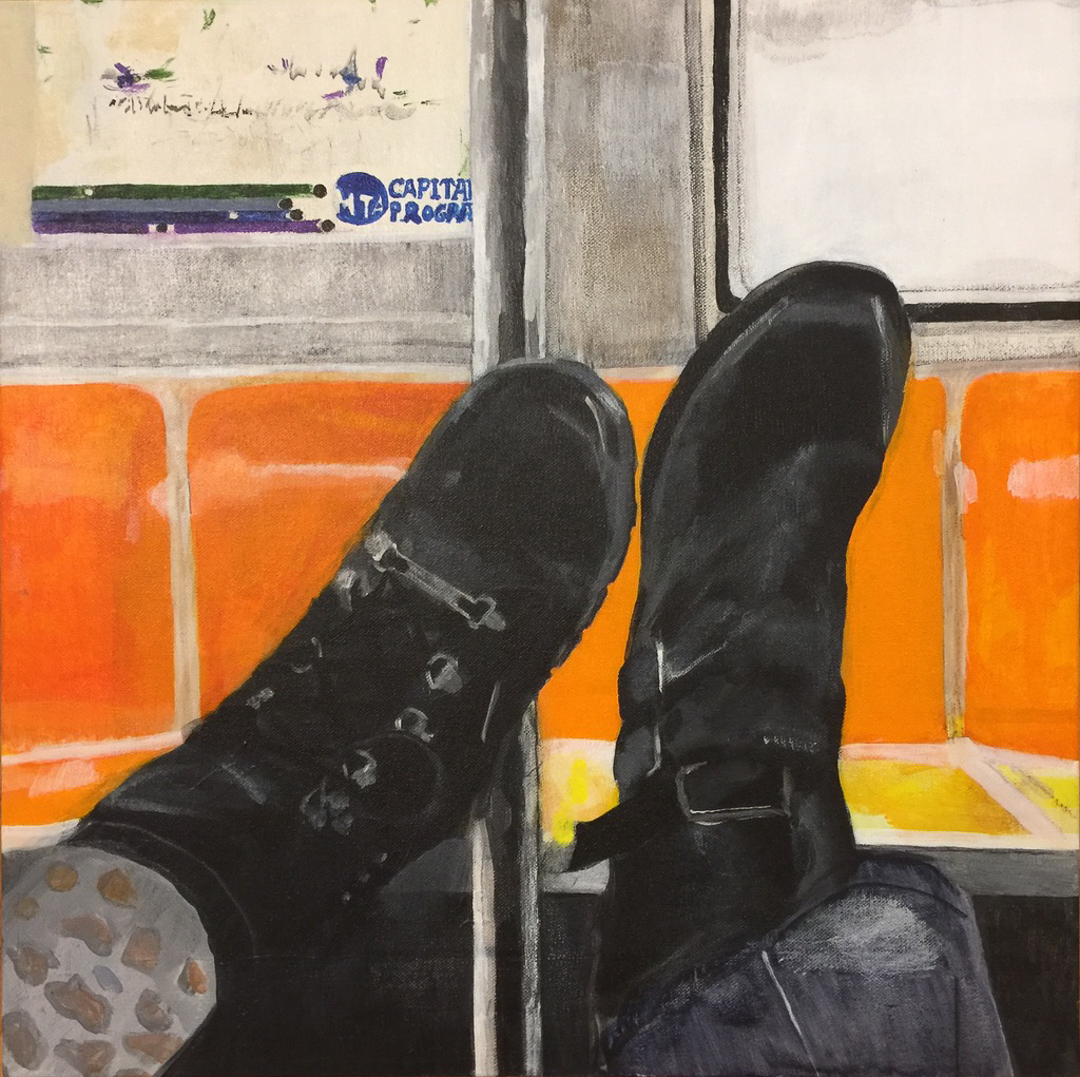 Boots on the Q, 2020, acrylic on canvas, 18 x 18 in.