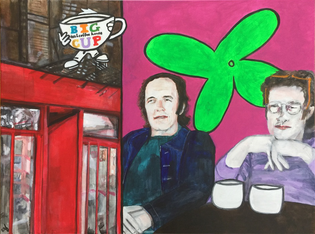 Deleuze and Guattari at Big Cup, 2020, acrylic on canvas, 30 x 40 in.